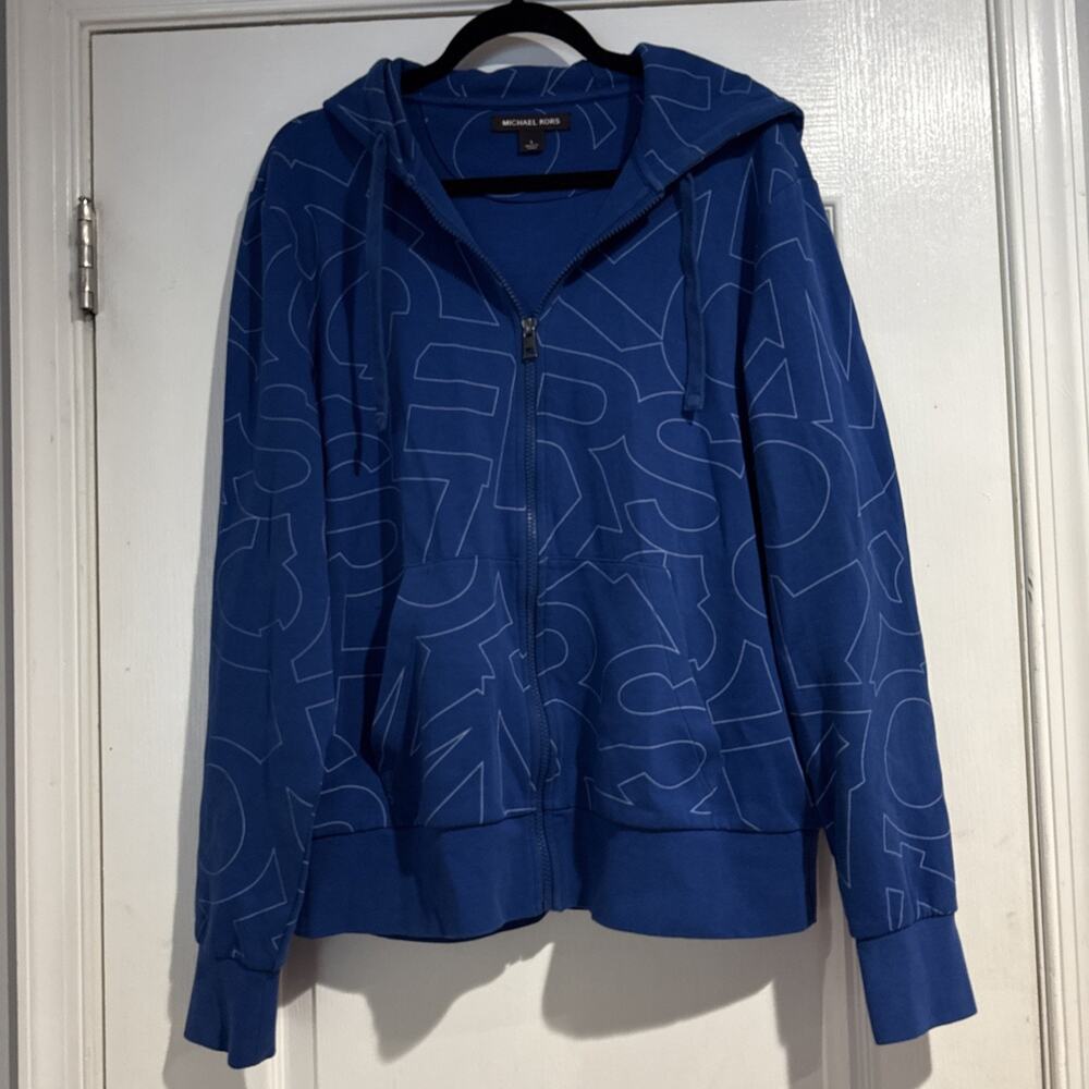 Michael Kors Men's Blue Signature Logo Print Zip-Up Hoodie/Jacket Size L